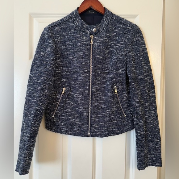 THEORY Bavewick Branson Moto Jacket Blue Tweed Raw Hem Size Medium - Picture 2 of 9